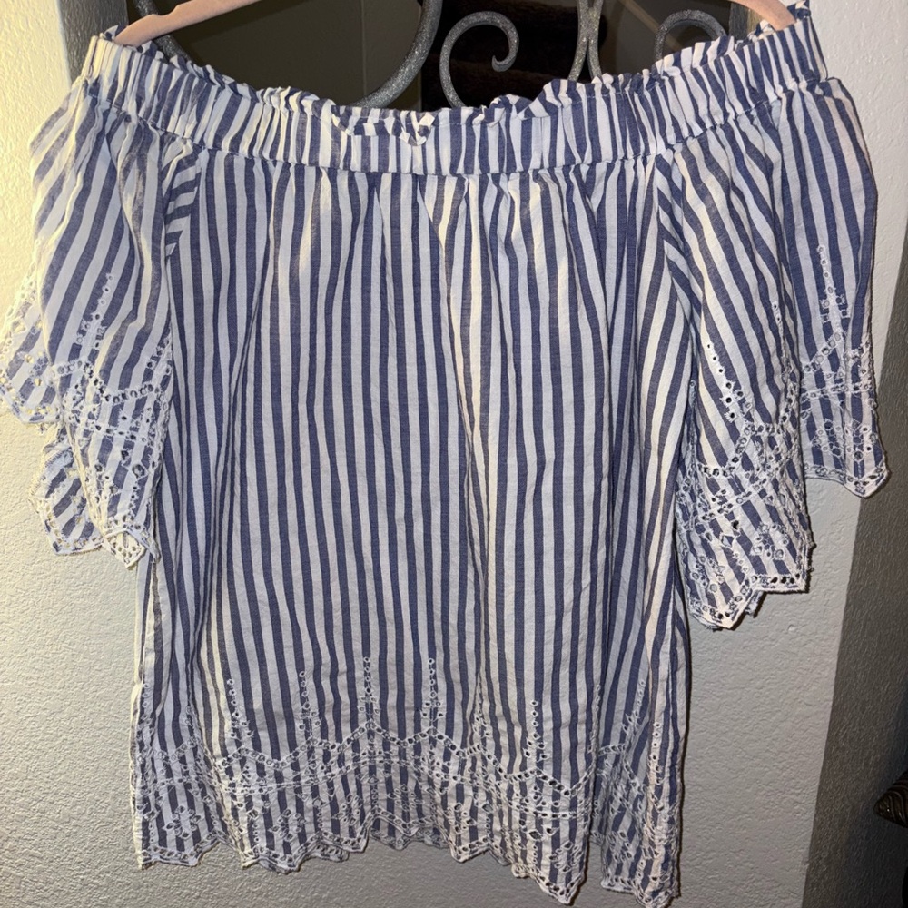 H&M Blue and White Striped Lace Trim Blouse